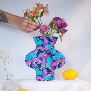 Fabric vase in lemons print, Contemporary home decor, handmade textile vase