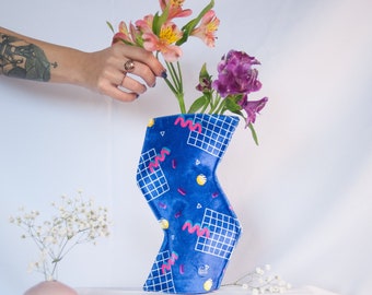 Fabric vase in retro print, Contemporary home decor, alternative textile vase design