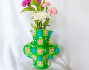 Modern textile vase in the "Green Daisies" print, contemporary home decor, alternative fabric vase