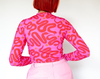 Strawberry Snakes" Mock neck long sleeve top | Colourful pink & red snake print Turtleneck