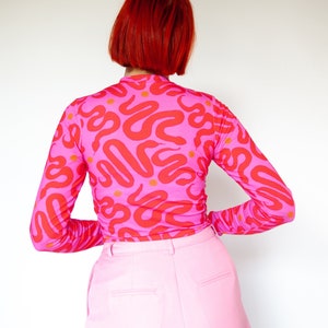 Strawberry Snakes" Mock neck long sleeve top | Colourful pink & red snake print Turtleneck