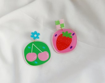 Mismatched fruit earrings set with Strawberries & Cherries | Colourful acrylic statement earrings