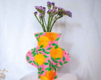 Moderne textielvaas in de print "sinaasappeltuin", eigentijds interieur, alternatieve stoffen vaas