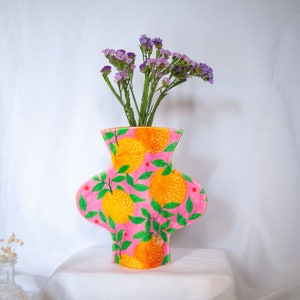 Modern textile vase in the &quot;orange garden&quot; print, contemporary home decor, alternative fabric vase
