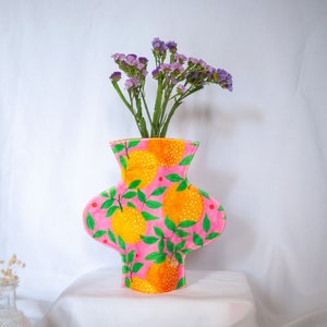 Modern textile vase in the orange garden print, contemporary home decor, alternative fabric vase image 1