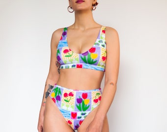 Spring flowers" Bikini swimsuit | High waisted, colourful swimsuit set