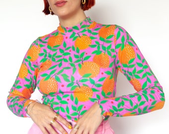 Orange Garden" long sleeve top | Colourful print organic cotton jersey mock neck top