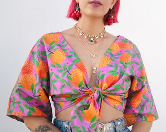 Orange garden" print organic cotton wrap top / Reversible summer crop top with kimono sleeves