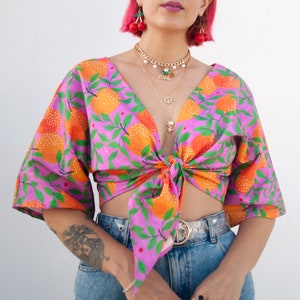 Orange garden" print organic cotton wrap top / Reversible summer crop top with kimono sleeves