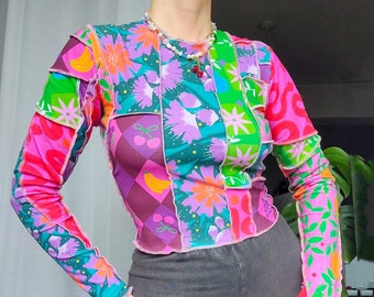 Zero-Waste Patchwork Long Sleeve Top: Sustainable Jersey, Mix Prints