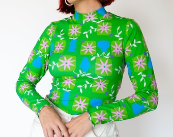 Green Daisies" Mock neck Long sleeve top \ Colourful floral autumn fitted top