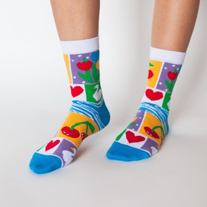 Spring Flowers" knit cotton socks | Colourful statement socks | Funky socks with hearts and flowers