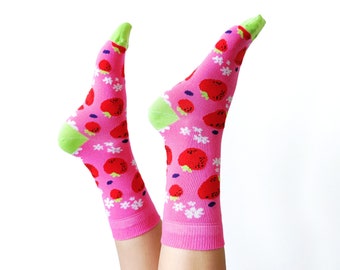 Strawberry print cotton knit socks | Strawberries pink & lime green funky socks