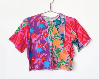 Zero waste patchwork jersey top with exposed seams | Colourful one of a kind t-shirt made from scrap & remnant fabrics