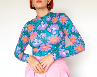 Floralicious" long sleeve top | Colourful autumn mock neck floral top