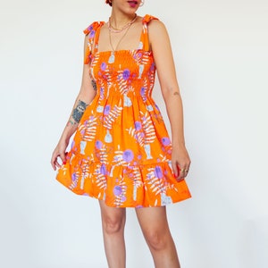 Orange WildFlower print shirred mini dress in organic cotton Mini frilled floral Sundress image 1
