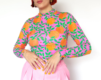 Orange Garden" long sleeve top | Colourful print organic cotton jersey mock neck top