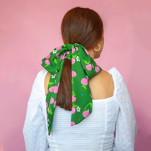 Cherries print hair scarf / Infinity colourful multipurpose scarf | Spring Hair accessory | handmade Bow hair tie