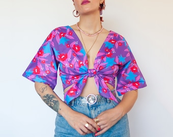 Purple Haze" print organic cotton wrap top / Reversible summer crop top with kimono sleeves