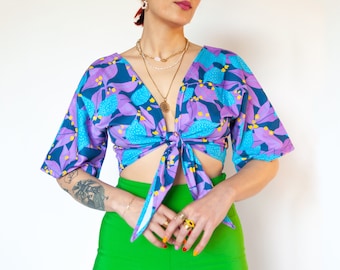 Lemony Blue" print organic cotton wrap top / Reversible summer crop top with kimono sleeves