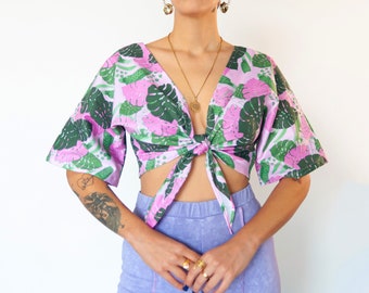 Pink monstera reversible wrap top | Tropical pink and green print blouse