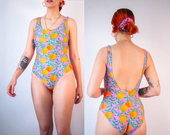 Orange Garden Print Swimsuit: Low Back One-Piece Swimwear