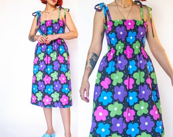 Happy Flowers" shirred dress in organic cotton | Colourful floral midi dress | Smiley flowers print