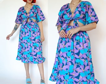 Lemony Blue" midi skirt in organic cotton | Colourful two piece set