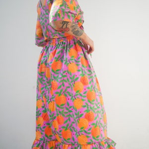 Orange garden print midi skirt in organic cotton fabric Colourful two-piece set image 3