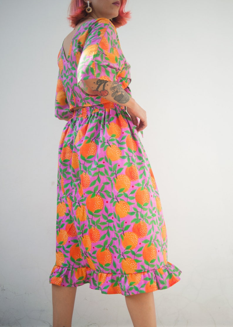 Orange garden print midi skirt in organic cotton fabric Colourful two-piece set image 3