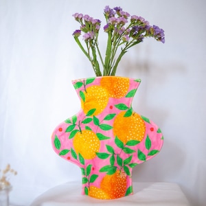 Modern textile vase in the orange garden print, contemporary home decor, alternative fabric vase image 3