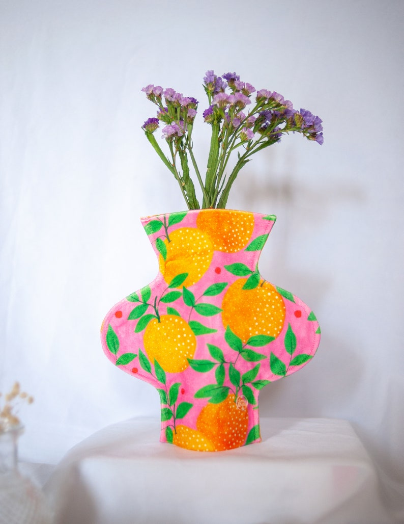 Modern textile vase in the orange garden print, contemporary home decor, alternative fabric vase image 3