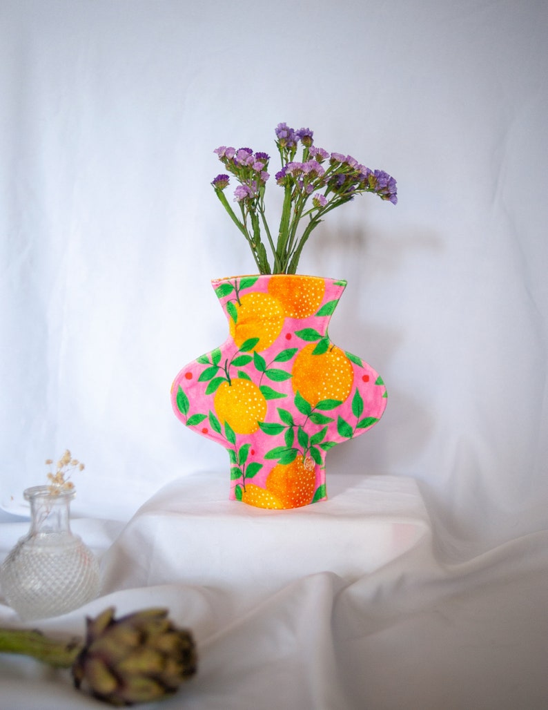 Modern textile vase in the orange garden print, contemporary home decor, alternative fabric vase image 1