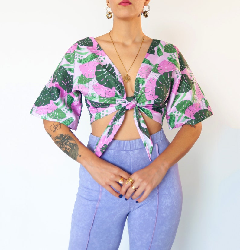 Pink monstera reversible wrap top Tropical pink and green print blouse image 1