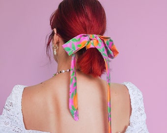 Orange Garden Hair Scarf: Floral Crepe de Chine Hair Bow