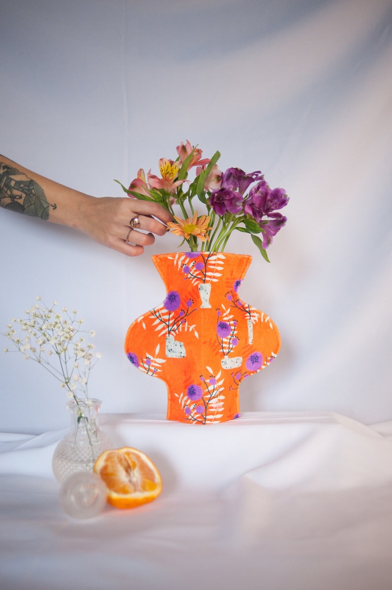 Modern textile vase in the orange wild flowers print, contemporary home decor, alternative fabric vase image 1