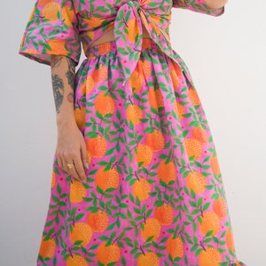 Orange garden print midi skirt in organic cotton fabric Colourful two-piece set image 2