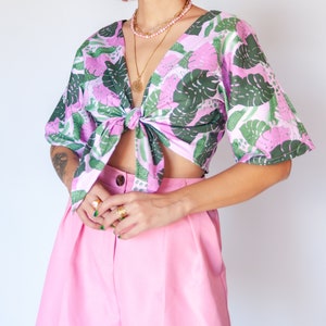 Pink monstera reversible wrap top Tropical pink and green print blouse image 2