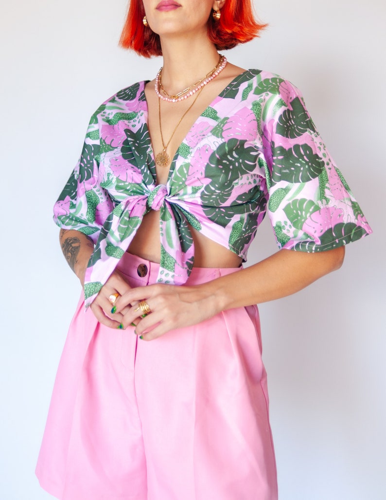 Pink monstera reversible wrap top Tropical pink and green print blouse image 2