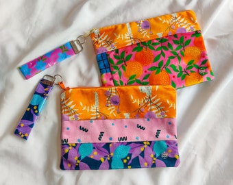 Large Zero-Waste zip pouch with removable key holder | Colourful Patchwork makeup organiser, travel purse
