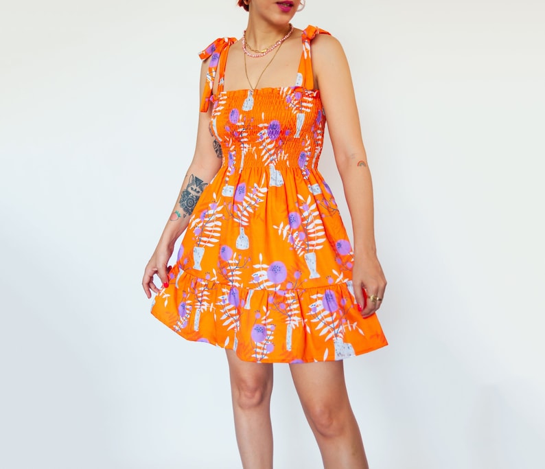 Orange WildFlower print shirred mini dress in organic cotton Mini frilled floral Sundress image 1