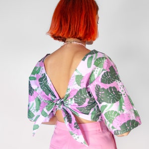 Pink monstera reversible wrap top Tropical pink and green print blouse image 5