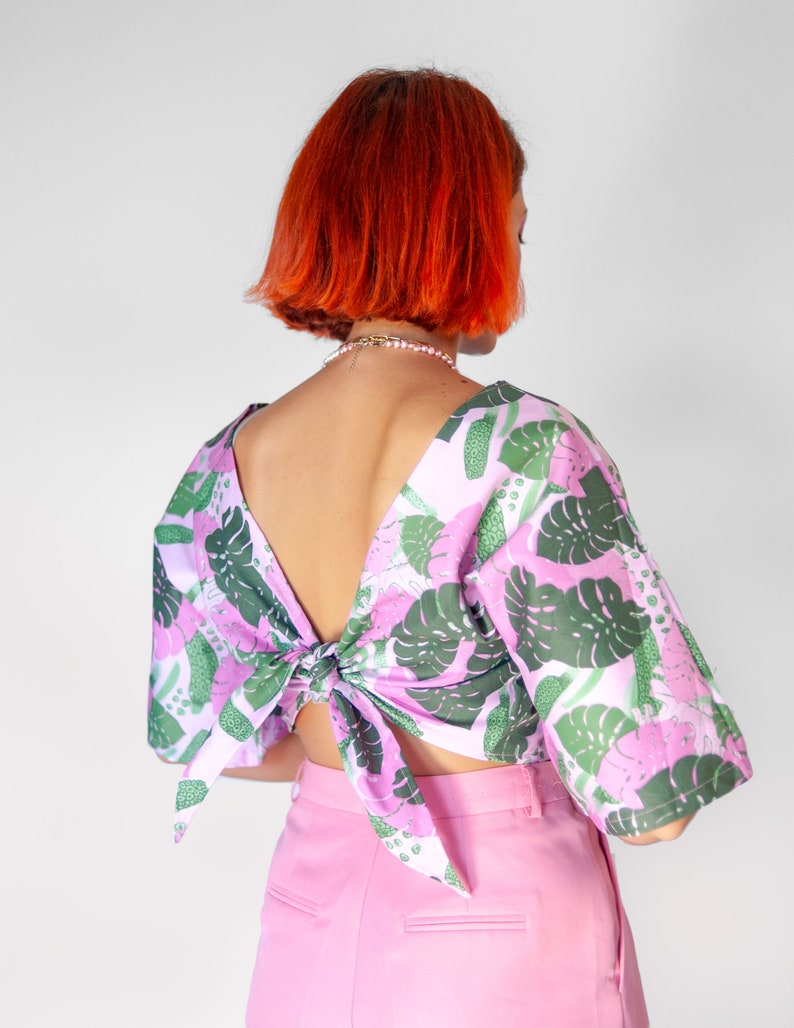 Pink monstera reversible wrap top Tropical pink and green print blouse image 5