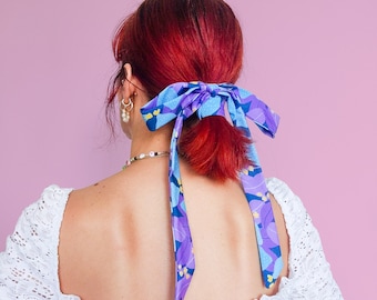 Lemony Blue" mini hair scarf / Colourful multipurpose super skinny scarf & hair bow