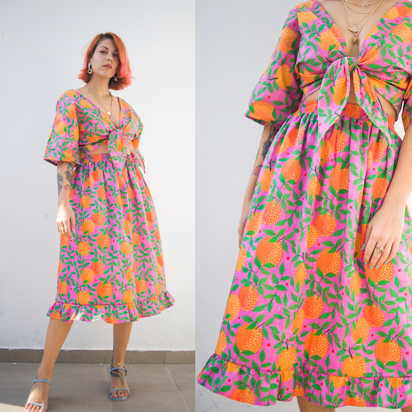 Orange garden" print midi skirt in organic cotton fabric | Colourful two-piece set