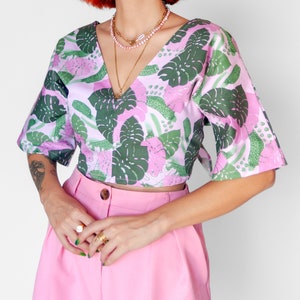 Pink monstera reversible wrap top Tropical pink and green print blouse image 4