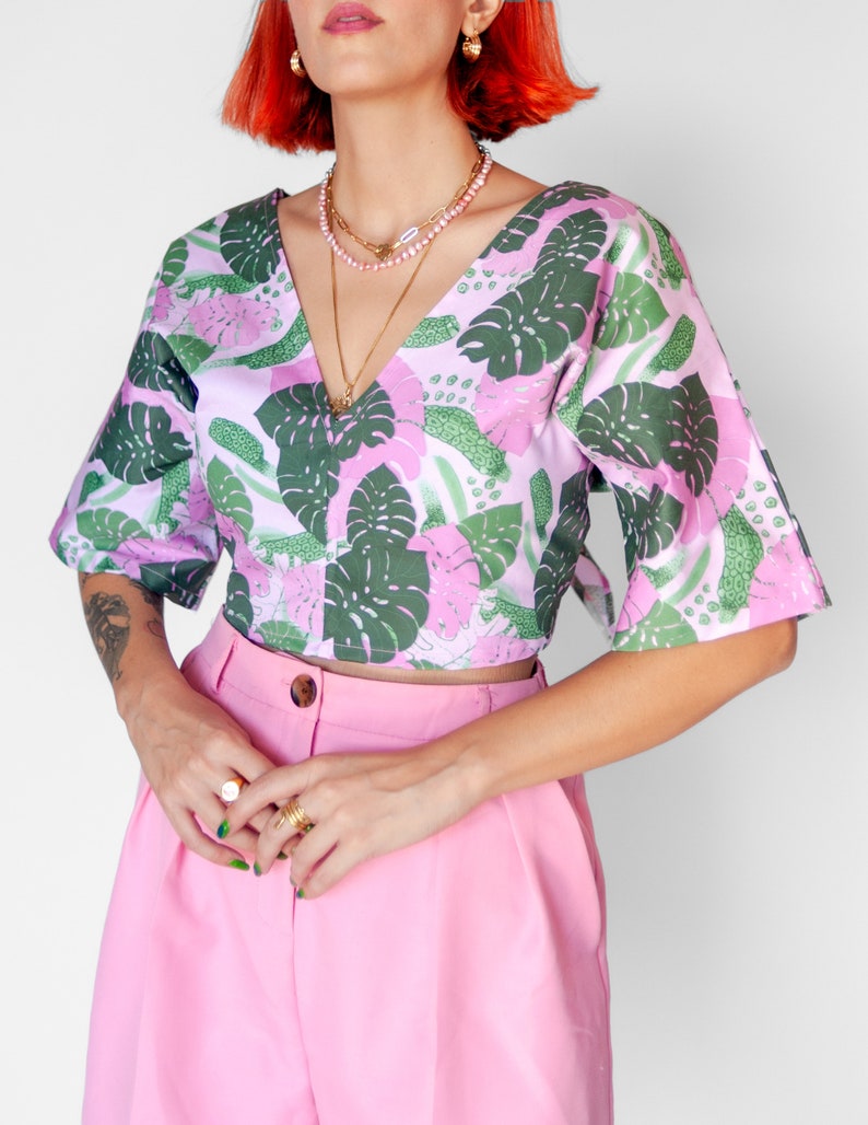 Pink monstera reversible wrap top Tropical pink and green print blouse image 4