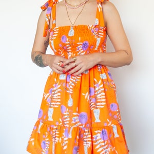 Orange WildFlower print shirred mini dress in organic cotton Mini frilled floral Sundress image 2
