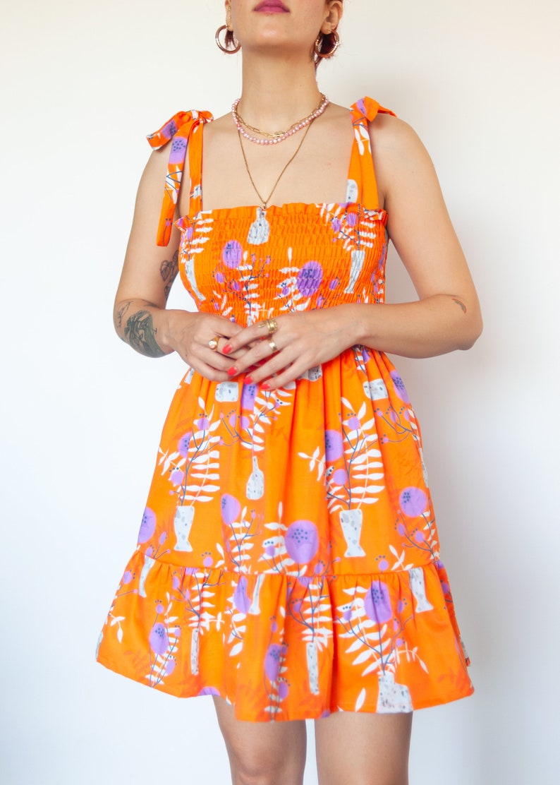 Orange WildFlower print shirred mini dress in organic cotton Mini frilled floral Sundress image 2