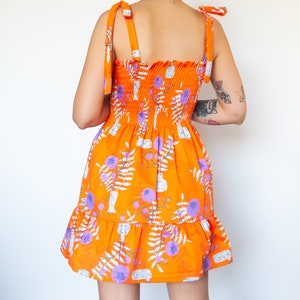 Orange WildFlower print shirred mini dress in organic cotton Mini frilled floral Sundress image 4